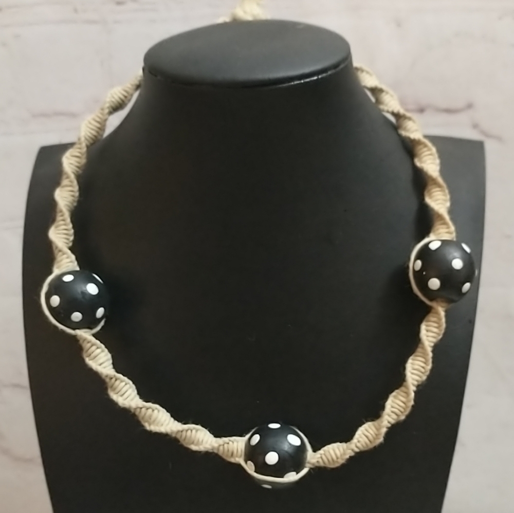 Handmade Hippie Boho Hemp Choker Necklace Black & White Polka Dot Wood Beads 17"